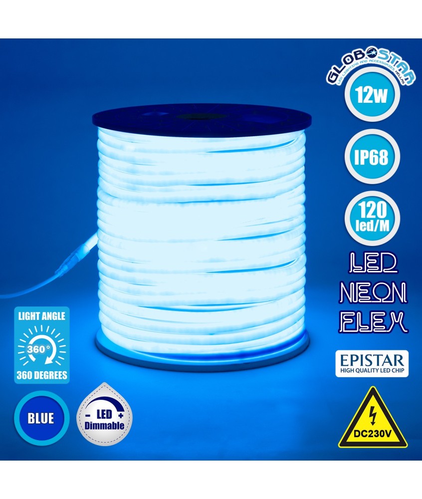 GLOBOSTAR® NEOTUBE 70595 Ταινία Neon Flex LED 12W-m 600lm-m 360° DC 220-240V Αδιάβροχο IP65 120 x SMD2835 Chip-m Μπλε Dimmable - Sanan SMD Chip - Μ100 x Π1.3 x Υ1.3cm - 3 Χρόνια Εγγύηση